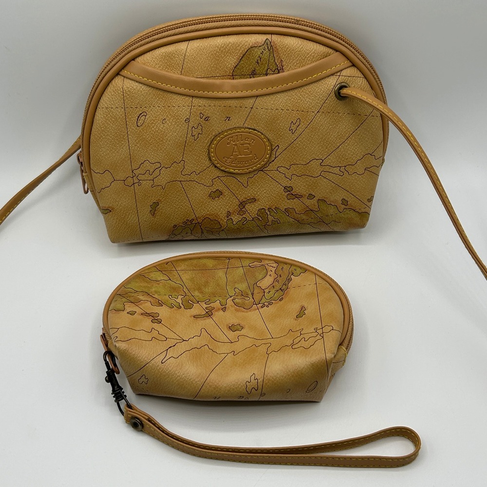 Allan Edward Vintage World Map‎ Crossbody Bag Wristlet Set Tan Travel Neutral
